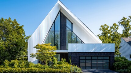 Obraz premium A modern white house with a steep triangular design, black brick garage, and transparent glass panels