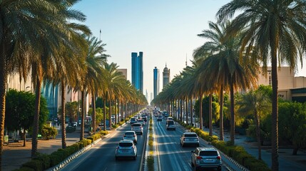 Obraz premium City highway sunrise, palm trees, traffic, skyscrapers, travel
