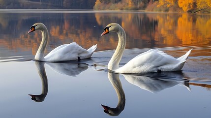 Swans swim autumn lake reflection nature