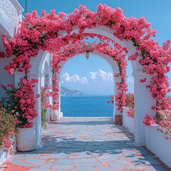 a beautiful archway adorned with vibrant pink bougainvillea flowers leading to a stunning view of the sea under a clear blue sky
