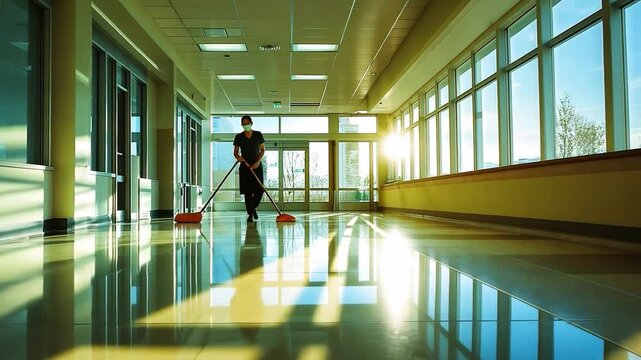 Cleaning Crew in Sunlit Corridor: A lone janitor diligently mops a gleaming hallway floor, bathed in the warm, inviting glow of sunlight streaming through large windows.