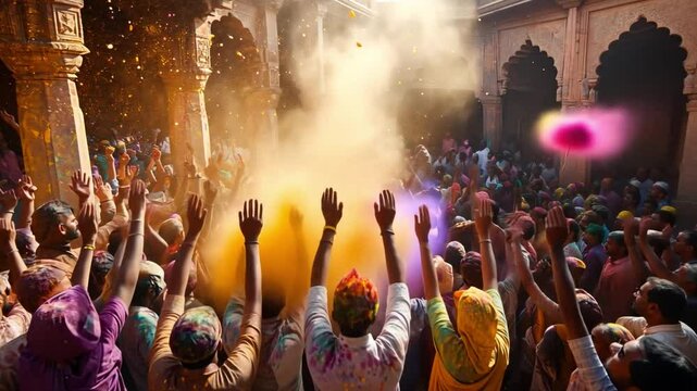A Burst of Color:  A vibrant Holi celebration unfolds in India as a crowd of jubilant revelers throws colored powder into the air, creating a kaleidoscope of colors.