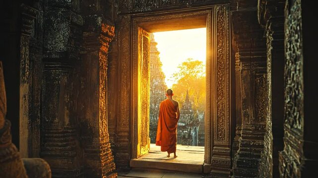 Sunrise at Angkor Wat: A lone Buddhist monk stands silhouetted in the doorway of an ancient temple at Angkor Wat, gazing at the breathtaking sunrise. The warm golden light illuminates the scene.