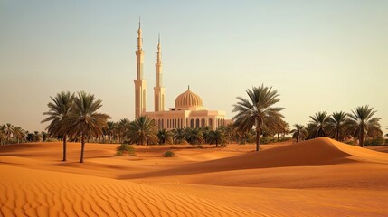 Naklejka premium Desert mosque sunrise, sand dunes, palm trees