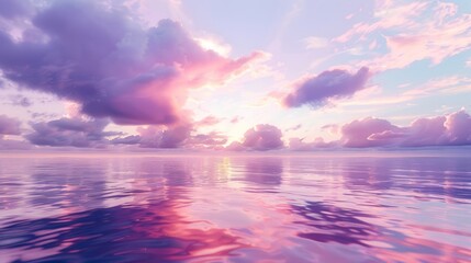 Obraz premium Soft pastel pink and lavender clouds floating over a calm ocean at dawn, the gentle colors reflecting beautifully on the water