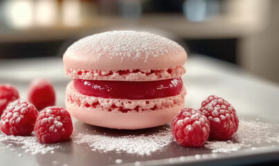Close-Up of a Delicate Pink Macaron Filled with Raspberry Cream, Lightly Dusted with Powdered Sugar, and Garnished with Fresh Raspberries.