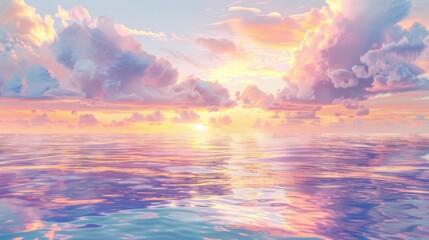 Fototapeta premium Soft pastel yellow and lavender clouds drifting above a serene ocean during sunset, casting beautiful reflections on the water