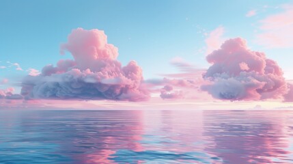 Soft pink and blue clouds floating above a tranquil sea at sunset, blending harmoniously with the water