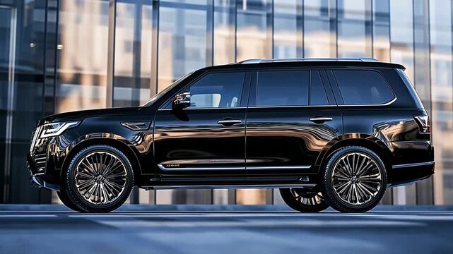 Black Luxury SUV: A sleek black SUV with chrome accents, large wheels, and a powerful stance, parked in a modern urban setting, radiating elegance and sophistication.  