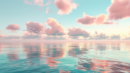 Soft pink and green clouds floating above a calm ocean at dawn, the gentle colors reflecting beautifully on the water