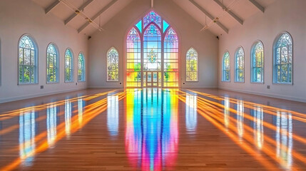 Fototapeta premium Ornate 3D stained-glass window glowing in a cathedral-like space, highlighting intricate designs and colorful beams 