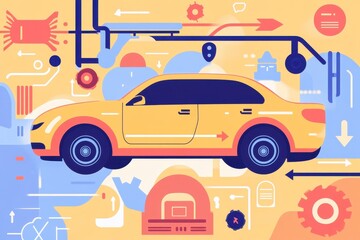 Fototapeta premium Modern Yellow Car with Abstract Graphic Elements in Bright Colors, Featuring Geometric Shapes and Symbols Representing Automotive Technology and Innovation