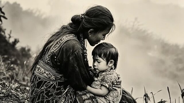 Mother's Love: A tender black and white photo depicting a mother gently embracing her child, evoking a sense of warmth, protection, and unconditional love.
