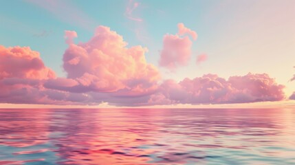 Soft pink and orange clouds floating above a tranquil sea during sunset, blending harmoniously with the water