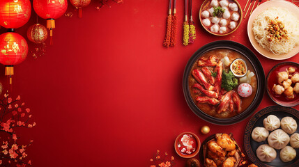 Festive Chinese New Year themed background in landscape orientation, Left side is a bright red and plain background design for text placement