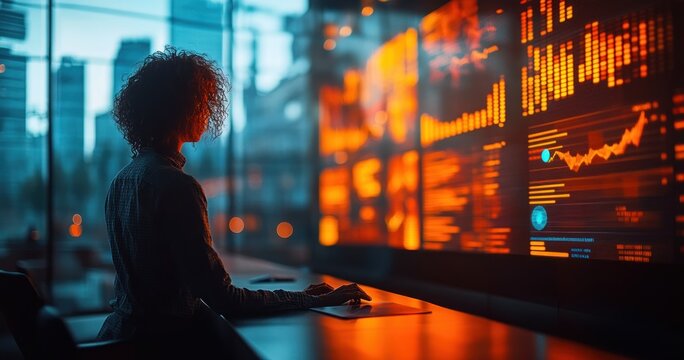 Senior Data Scientist Presenting Risk Management Reports on Digital Screen in Modern Office with Diverse Consulting Team