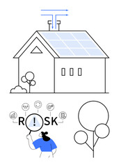 House equipped with solar panels, blue airflow lines, trees, person assessing risk through magnifying glass. Ideal for sustainability, renewable energy, risk management, efficiency, ecology clean