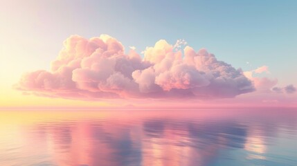 Soft pink and yellow clouds hovering over a tranquil sea at sunset, blending harmoniously with the water
