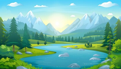 A picturesque mountain landscape with a winding river flowing through a lush green valley, surrounded by snow-capped peaks and a blue sky with white clouds.