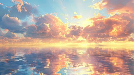 Spectacular cloud formations floating over a calm sea during sunset, with the sky painted in warm oranges and pinks and their reflections shimmering on the water