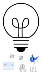 Large lightbulb symbolizing creativity, with a businessman pointing to financial elements including dollar signs, hand holding money, and a credit card. Ideal for business, finance, entrepreneurship