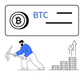 Man mining cryptocurrency with pickaxe below Bitcoin symbol. Blockchain growth represented by rising bar chart. Ideal for fintech, cryptocurrency, blockchain innovation, finance, investment trends