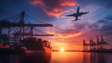 Fototapeta na wymiar Cargo Ship Airplane Sunset Harbor Cranes Global Trade