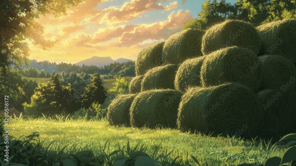 Poster rolling hay bales stacked under a vibrant sunset in a tranquil countryside landscape with mountains 