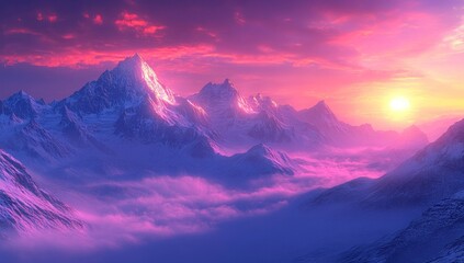 Purple Sunset Over Snowy Mountains