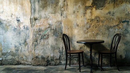 Rustic table and chairs against a weathered wall. (3)