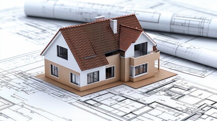 modern minimalist house with glass walls and surrounding trees, featuring a pool and architectural blueprints in the foreground