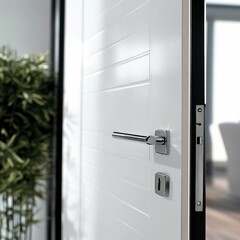minimalistic white interior door with sleek black handle, emphasizing modern design and clean aesthetics, creating a serene home atmosphere