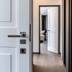 minimalistic white interior door with sleek black handle, emphasizing modern design and clean aesthetics, creating a serene home atmosphere