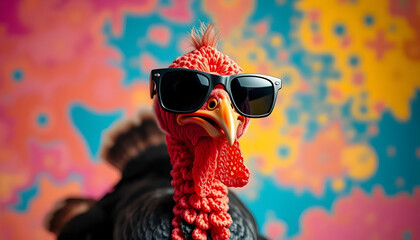 A Stylish Turkey Wearing Sunglasses Against a Vibrant Colorful Background