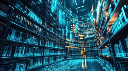 Futuristic Library with Glowing Bookshelves