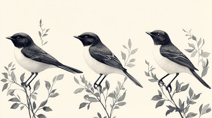 Fototapeta premium Three birds, foliage, monochrome, nature, print
