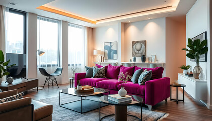 Fototapeta premium Modern and Stylish Living Room Interior Design Featuring Cozy Furnishings and Elegant Decor