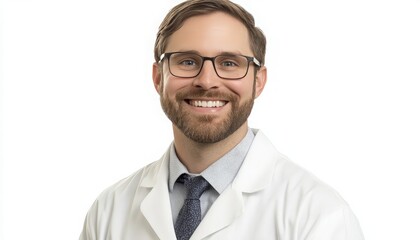 Smiling Professional in White Coat Against a Plain Background, Exuding Confidence and Approachability in a Clinical Setting, Perfect for Medical and Health-Related Themes.