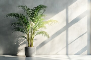 Obraz premium Indoor palm plant sunlight grey wall room decor.