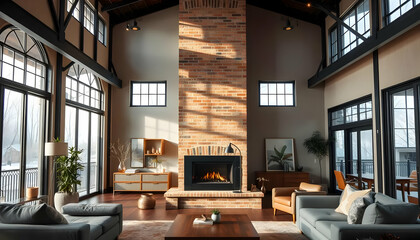 Fototapeta premium Spacious and Elegant Modern Living Room Design Featuring Cozy Fireplace and Abundant Natural Light
