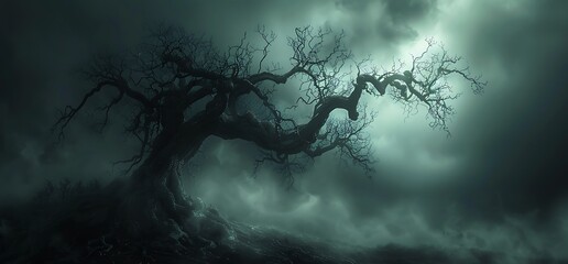 Twisted tree, night fog, eerie landscape, Halloween