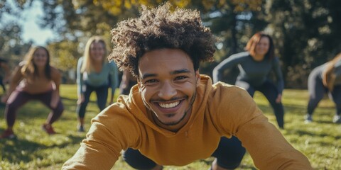Naklejka premium A cheerful outdoor fitness group exercising in a park, doing push-ups and stretching together