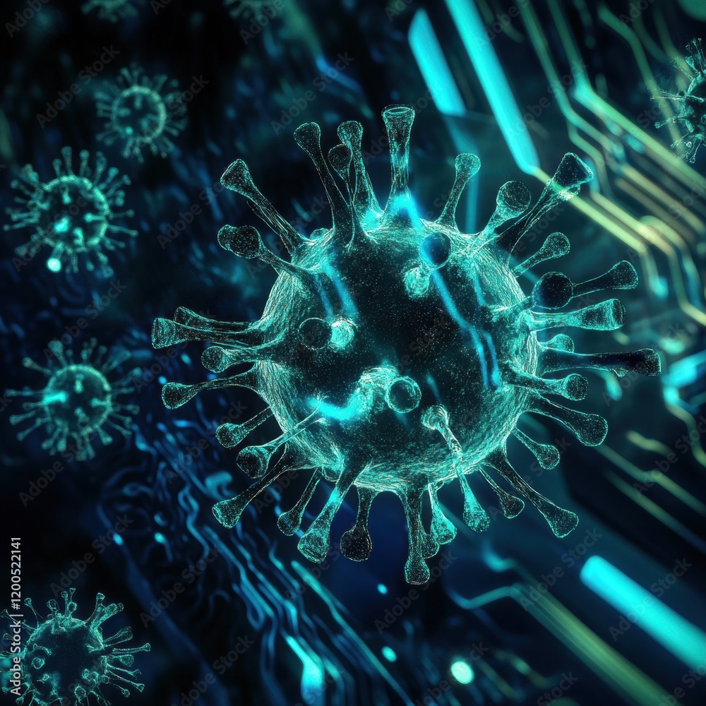 Poster glowing wall demonstrating protection against viruses in a futuristic environment. generative ai