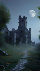 A partially ruined old castle at night, illuminated solely by soft and mystical moonlight. The castle should have crumbling walls, broken towers, and overgrown vegetation creeping over the stonework. 