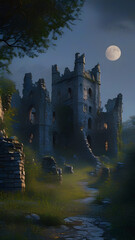 A partially ruined old castle at night, illuminated solely by soft and mystical moonlight. The castle should have crumbling walls, broken towers, and overgrown vegetation creeping over the stonework. 