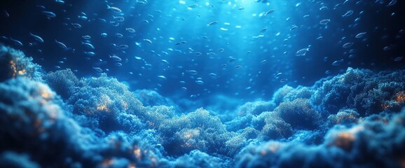Obraz premium Underwater ocean scene, fish shoal, light rays, coral reef. Website banner