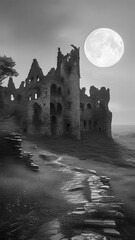 A partially ruined old castle at night, illuminated solely by soft and mystical moonlight. The castle should have crumbling walls, broken towers, and overgrown vegetation creeping over the stonework. 