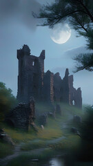 A partially ruined old castle at night, illuminated solely by soft and mystical moonlight. The castle should have crumbling walls, broken towers, and overgrown vegetation creeping over the stonework. 