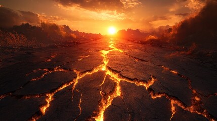 Fototapeta premium Lava fissures crack a dark, desolate landscape at sunset.