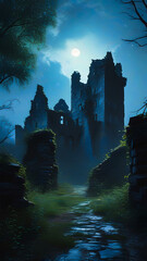 A partially ruined old castle at night, illuminated solely by soft and mystical moonlight. The castle should have crumbling walls, broken towers, and overgrown vegetation creeping over the stonework. 